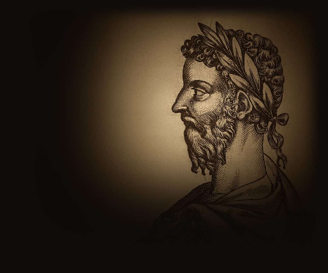 Grabado de Marco Aurelio de perfil con corona de laurel, de un libro impreso en 1583.