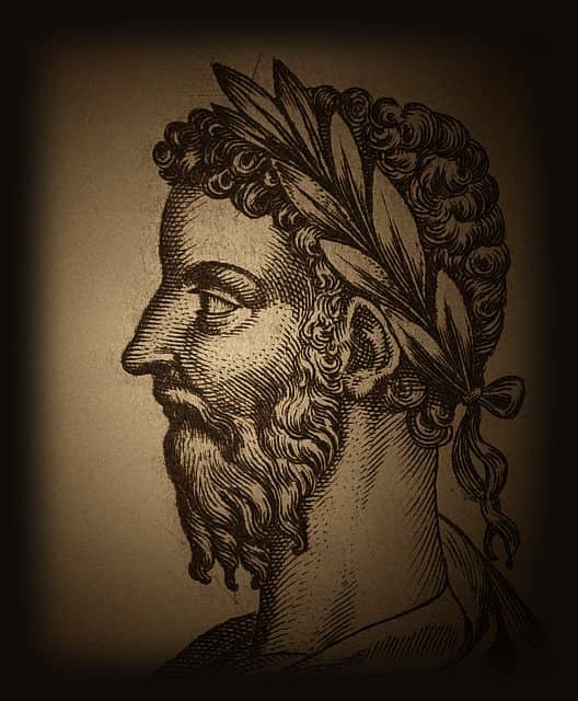 Grabado de Marco Aurelio de perfil con corona de laurel, de un libro impreso en 1583.
